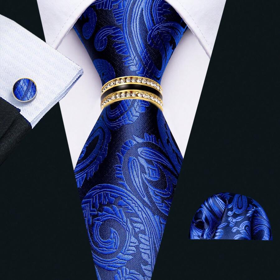 佩斯利藍色絲質經典領帶手帕袖扣方套裝領帶 - 寶藍色 - 查看 1