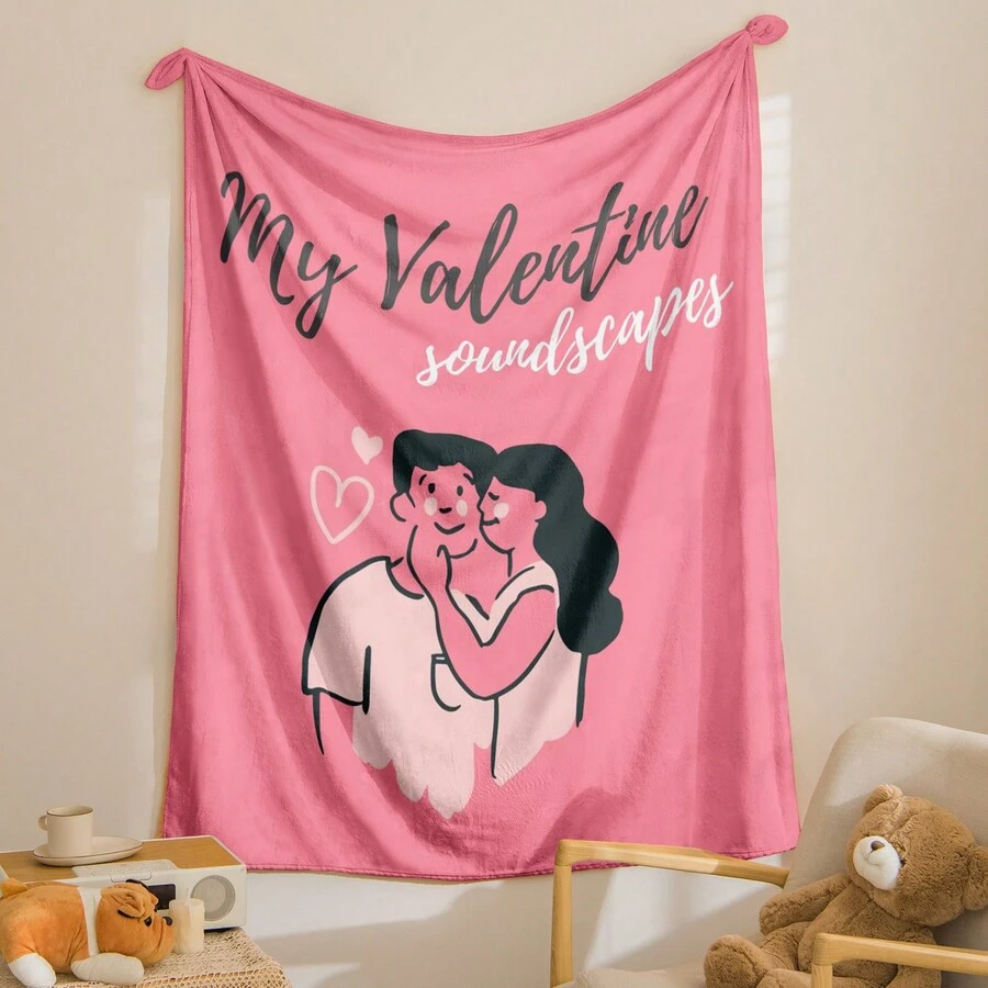 1件粉色肖像和心形圖案印花毛毯,舒適法蘭絨長方形柔軟沙發罩,情人節、新年、日常使用和家居裝飾的禮物 - 粉色 - 查看 1