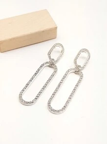 1pair Fashionable All-Match Elegant Silver Plated Oval Loop Rhinestone Stud Earrings For Women - Silver - View 1