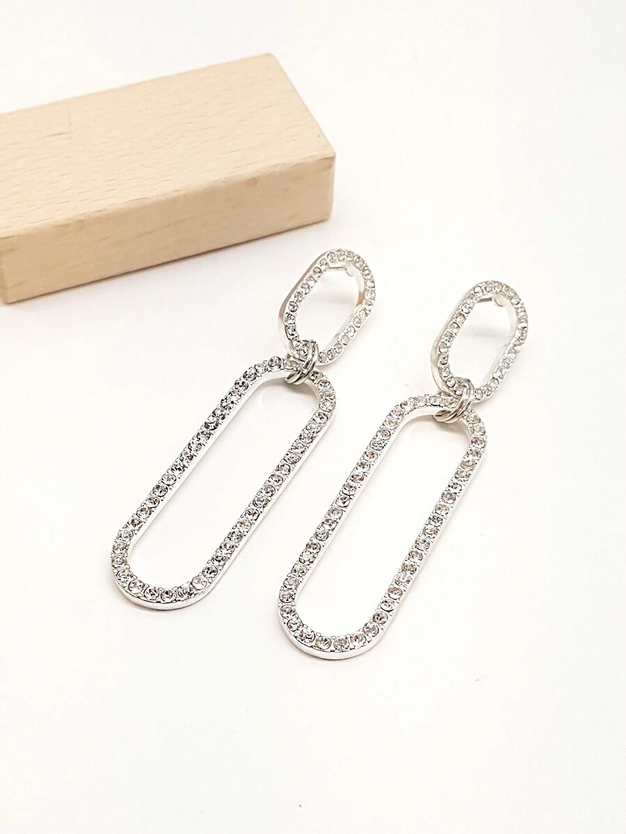 1pair Fashionable All-Match Elegant Silver Plated Oval Loop Rhinestone Stud Earrings For Women - Silver - View 1