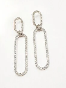 1pair Fashionable All-Match Elegant Silver Plated Oval Loop Rhinestone Stud Earrings For Women - Silver - View 3
