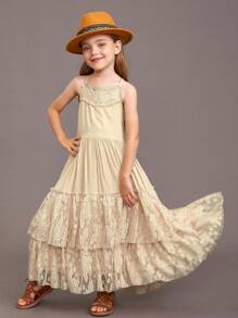 Tween Girl Christmas Party Dress With Hollow Lace Back And Floral Hem, Maxi - Khaki - View 4