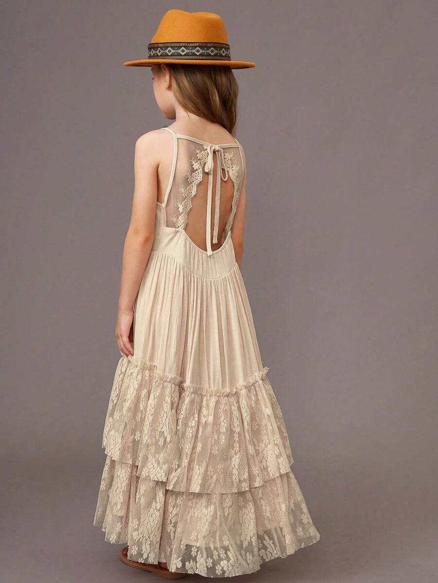 Tween Girl Christmas Party Dress With Hollow Lace Back And Floral Hem, Maxi - Khaki - View 1
