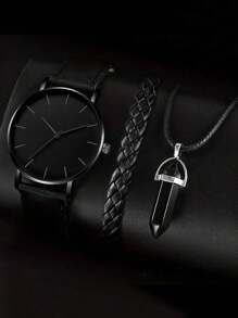 3 件装时尚商务男士简约皮带石英表搭配编织复古 PU 手链和链条项链套装，可作为学生返校礼物 - 黑色 - 查看 1