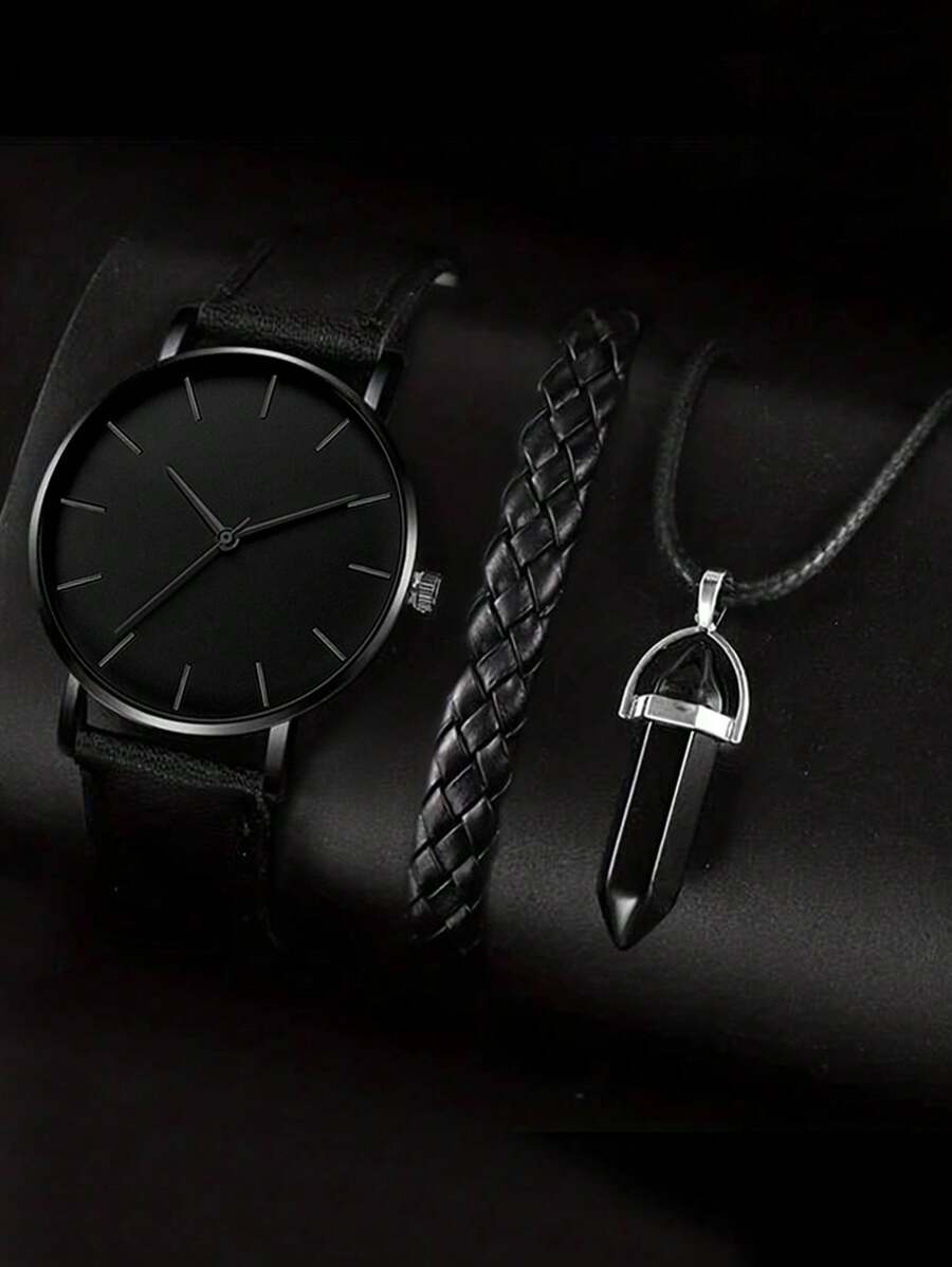 3 件装时尚商务男士简约皮带石英表搭配编织复古 PU 手链和链条项链套装，可作为学生返校礼物 - 黑色 - 查看 1