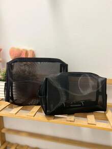 1pc/Small Set Fashionable Mesh Cosmetic Bag, Blue Breathable Storage Bag, Coin Purse, Wash Bag - Black - View 3