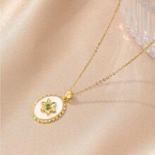 1 件镀金不锈钢链式项链，镶嵌方晶锆石、椭圆形贝壳和花朵吊坠，复古时尚的设计，百搭别致，适合女性和情侣，非常适合街头穿着、日常穿着、工作、节日和派对场合 - 金黃色 - 查看 2