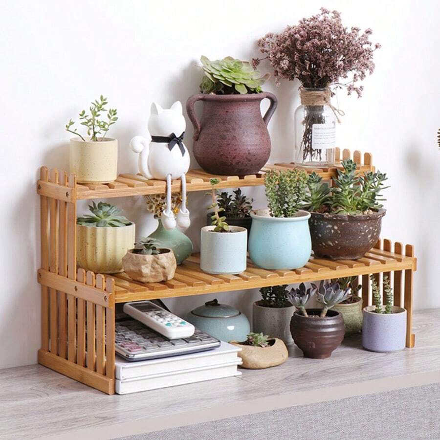 40cm Bamboo Window Plant Shelf, Simple Nordic Style, Small Flower Rack For Tabletop, Balcony, Succulent Plants - Khaki - View 1