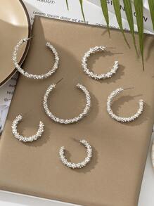 3 Pairs Asymmetrical Gear Circle Hoop Earrings Set, Minimalist European & American Style, Assorted Sizes - Silver - View 3