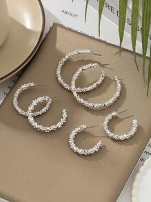 3 Pairs Asymmetrical Gear Circle Hoop Earrings Set, Minimalist European & American Style, Assorted Sizes - Silver - View 2