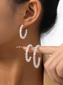 3 Pairs Asymmetrical Gear Circle Hoop Earrings Set, Minimalist European & American Style, Assorted Sizes - Silver - View 1