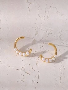 1pair Geometric Pearl & Crescent Moon Shaped Ear Studs - Pearl Crescent Earrings - View 6