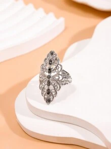 1pc Exquisite Thai Silver Vintage Style Hollow Out Floral Ring For Women, Fashionable Statement Ring, Size 8 - Antique Silver - View 3