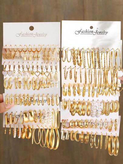 24 件/套简约心形、蝴蝶、花朵、水钻和人造珍珠耳钉套装，适合女性，可作为约会/度假情人节、妈妈、母亲、母亲节、礼物