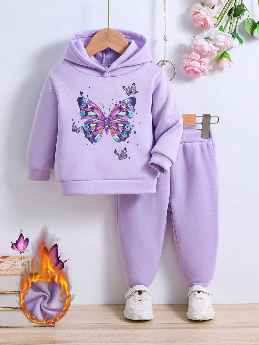 少女蝴蝶印花連帽毛衣和運動裤，保暖防寒 - 紫色 - 查看 1