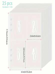 25sheets 100 Pockets With 1-100 Serial Number 6 Ring A5 Binder Sleeves,Apply To 100 Envelope Challenge Binder, 52 Week Money Saving Plan(Only Inner Pages) - White - View 4