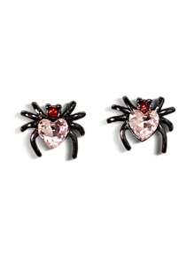 2pcs/Set Sweet & Cool Black Spider Shaped Earrings With Heart Detail Design, Mini & Minimalist Style Women's Stud Earrings - Pink - View 4