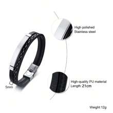 1pc Stainless Steel Silver Bent-Plate Pu Leather Braided Double-Layer Bracelet For Men Gifts
