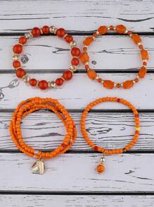 Conjunto De 4 Pulseras Adornadas De Cristales De Estilo Bohemio En Color Naranja Para Chicas Adolescentes, Pulseras Artesanales Multicales Elástica - Naranja - Ver 2
