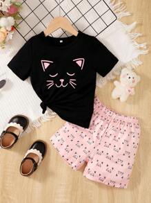 年輕女孩卡通圖案短袖t恤和短褲休閒夏季套裝 - 粉色 - 查看 1