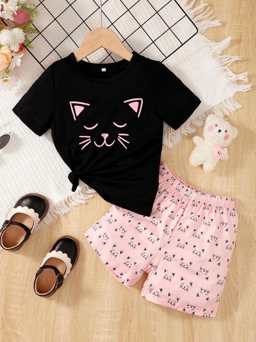 年輕女孩卡通圖案短袖t恤和短褲休閒夏季套裝 - 粉色 - 查看 1