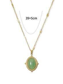 1pc Vintage Oval Shaped Natural Stone Inlaid Titanium Steel Pendant Necklace 18k Plated Choker Chain - Multicolor - View 4