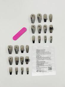 Upgrade Your Style 24pcs Medium To Long Coffin-Shaped Press-On Nails, Black And Silver Butterfly Design, Complete Nail Set With 1pc Jelly Gel And 1pc Nail File. Ideal For Party, Dance, And Daily Wear. - Multicolor - View 4