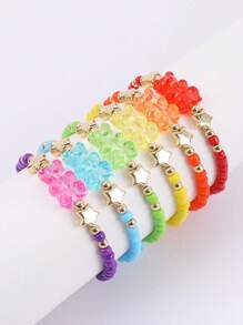 6pcs/Set Cute Cartoon Wind Random Color Beaded Bracelet With Transparent Bear Shaped Charm, Suitable For Girls' Daily Wear - Multicolor - View 1