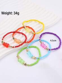 6pcs/Set Cute Cartoon Wind Random Color Beaded Bracelet With Transparent Bear Shaped Charm, Suitable For Girls' Daily Wear - Multicolor - View 4