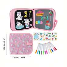 可擦書籍塗鴉套裝繪畫書,可重複使用的繪畫書,附有12支水彩筆和14頁畫作,適用於長途車遊,寫作和繪畫設置（獨角獸粉色） - 粉色 - 查看 2