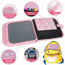 可擦書籍塗鴉套裝繪畫書,可重複使用的繪畫書,附有12支水彩筆和14頁畫作,適用於長途車遊,寫作和繪畫設置（獨角獸粉色） - 粉色 - 查看 5