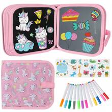 可擦書籍塗鴉套裝繪畫書,可重複使用的繪畫書,附有12支水彩筆和14頁畫作,適用於長途車遊,寫作和繪畫設置（獨角獸粉色） - 粉色 - 查看 1