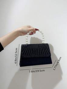 女式奢華人造珍珠手拿包晚餐包,浪漫褶皺設計,方形手提包,適合婚禮、派對、正式活動、新娘手持錢包 - 黑色 - 查看 6