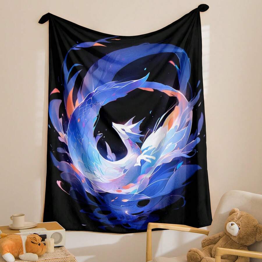 1pc Chinese Style Lucky Koi Fish Printed Flannel Rectangular Sofa Cover Blanket, Soft And Comfortable, Suitable As New Year's Gift Or Daily Use At Home - Multicolor - View 1