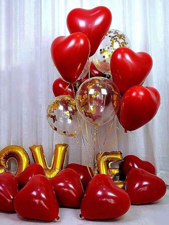 30入組 20入組紅色心形乳膠氣球和10入組金色閃粉乳膠氣球,情人節、生日派對、婚禮活動裝飾用品