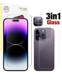 Cristal 3 en 1 Compatible con IPhone 14 Pro Max - Cristal 3D de lente delantera y trasera Compatible con IPhone 12 13 Mini 14 Plus - Protector de pantalla Compatible con IPhone 13 Pro Max - transparente - Ver 3
