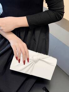 女士時尚的皮革扭結設計蓋子手拿包,白色新娘派對晚宴包鏈條款 - 白色 - 查看 7