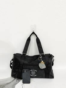 簡約黑色旅行包,商務旅行包,健身運動行李袋,大容量健身袋,帶毛絨球的旅行袋 - 黑色 - 查看 3