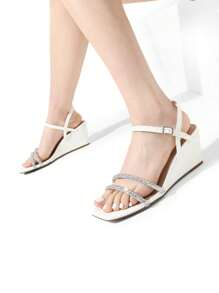 Women Strappy Wedge Sandals Low Heel Sandals Square Open Toe Rhinestone Wedding Bridal Party Shoes  Evening Banquet Formal - White - View 5