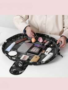 1入組便攜式花紋鬆紮束口化妝袋旅行收納袋，快速簡便收納 - 黑色 - 查看 2