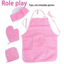 儿童粉色格子厨师围裙、带厨师帽的厨房烹饪角色扮演服装、幼儿幼儿园角色扮演服装、儿童围裙、儿童服装、厨师、厨师连衣裙、儿童圣诞服装、幼儿厨房 - 粉色 - 查看 1