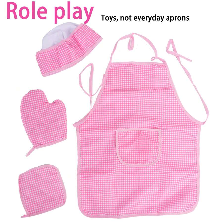 儿童粉色格子厨师围裙、带厨师帽的厨房烹饪角色扮演服装、幼儿幼儿园角色扮演服装、儿童围裙、儿童服装、厨师、厨师连衣裙、儿童圣诞服装、幼儿厨房 - 粉色 - 查看 1