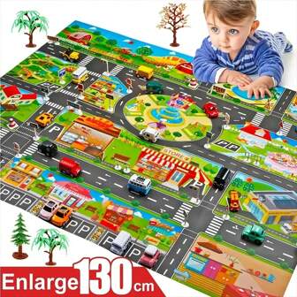 1pc Large Children's Educational Traffic Game Map Play Mat,Kids Carpet Playmat Rug Great For Playing With Safely,Children Educational Road Traffic Play Mat For Bedroom Play System(130cm*100cm)(Some Parts Are Sent Random)