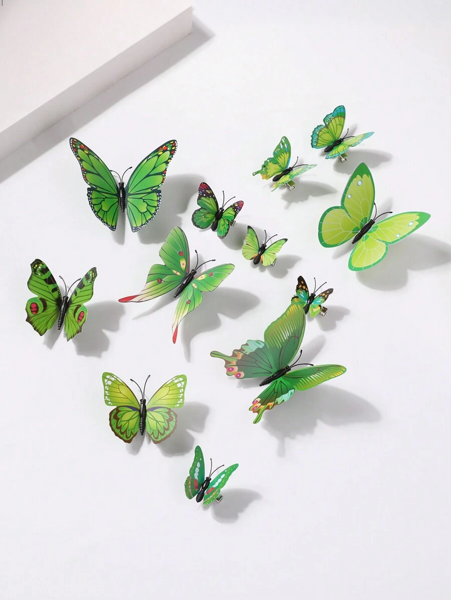 12个随机印花蝴蝶造型发夹装饰,仿真3D蝴蝶爪夹发卡,学习用品,发饰,头部饰品,女士发饰,发夹 - 綠色 - 查看 1
