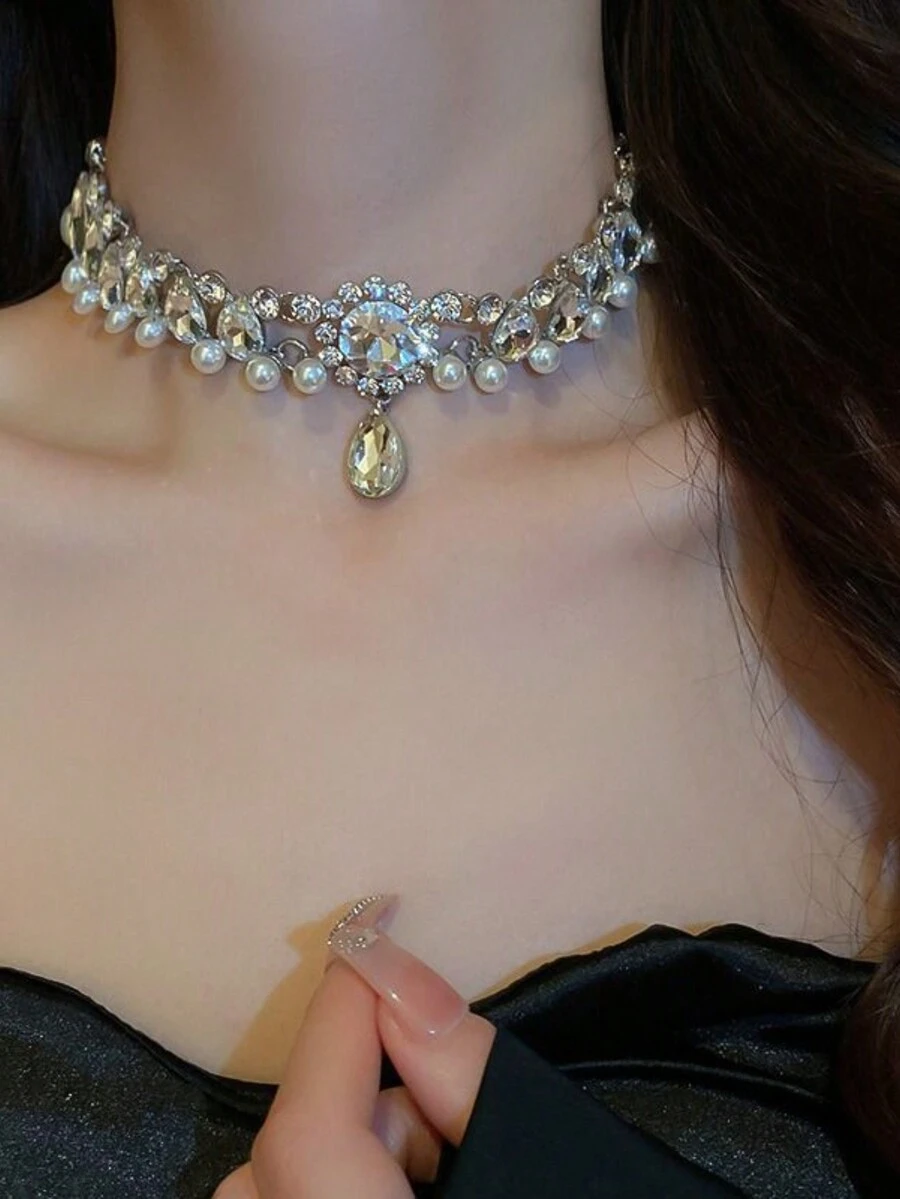 1pc Pearl Necklace For Women, High-End Rhinestone Decoration, Suitable For Wedding, Prom Or Other Formal Occasions - Silver - View 1