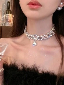 1pc Pearl Necklace For Women, High-End Rhinestone Decoration, Suitable For Wedding, Prom Or Other Formal Occasions - Silver - View 4