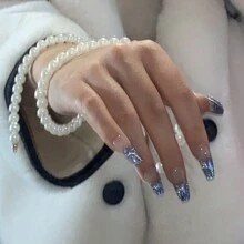 Glamour 24 Piezas De Uñas Postizas diseño coreano elegante diamante azul 3d Al Estilo Francés Brillante Falsas Uñas Para Mujeres/niñas incluye lima y pegamento - azul real - Ver 4