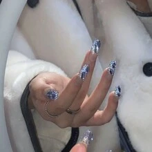 Glamour 24 Piezas De Uñas Postizas diseño coreano elegante diamante azul 3d Al Estilo Francés Brillante Falsas Uñas Para Mujeres/niñas incluye lima y pegamento - azul real - Ver 3