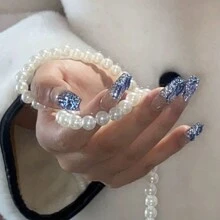 Glamour 24 Piezas De Uñas Postizas diseño coreano elegante diamante azul 3d Al Estilo Francés Brillante Falsas Uñas Para Mujeres/niñas incluye lima y pegamento - azul real - Ver 2