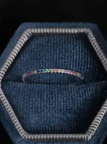 925純銀戒指配綠寶石和滿鑽石/彩虹色立方氧化鋯戒指/時尚風格925純銀戒指與寶石 - 白色 - 查看 5